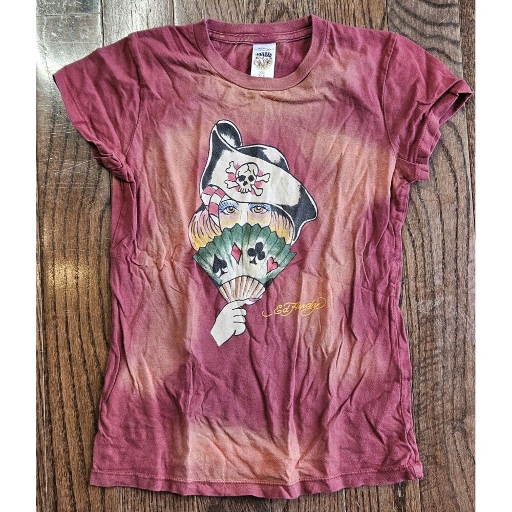 Vtg Women's Ed Hardy Pirate Cards T-Shirt Y2K Sz XS Skull Tie Dye